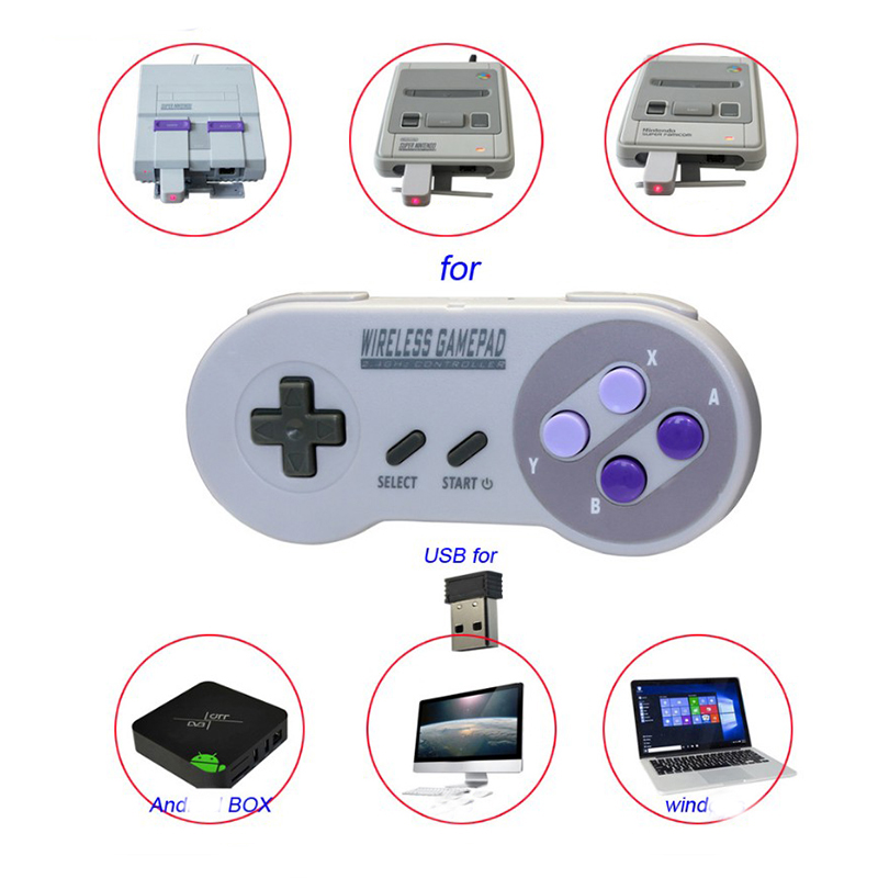 Gaming Console Mario - 2.4G สีม่วงเกมคอนโทรลเลอร์จอยแพดจอยสติ๊กโดยบลูทูธ 2 ตัวรับสัญญาณไร้สายสำหรับ SNES ซุปเปอร์คลาสสิค