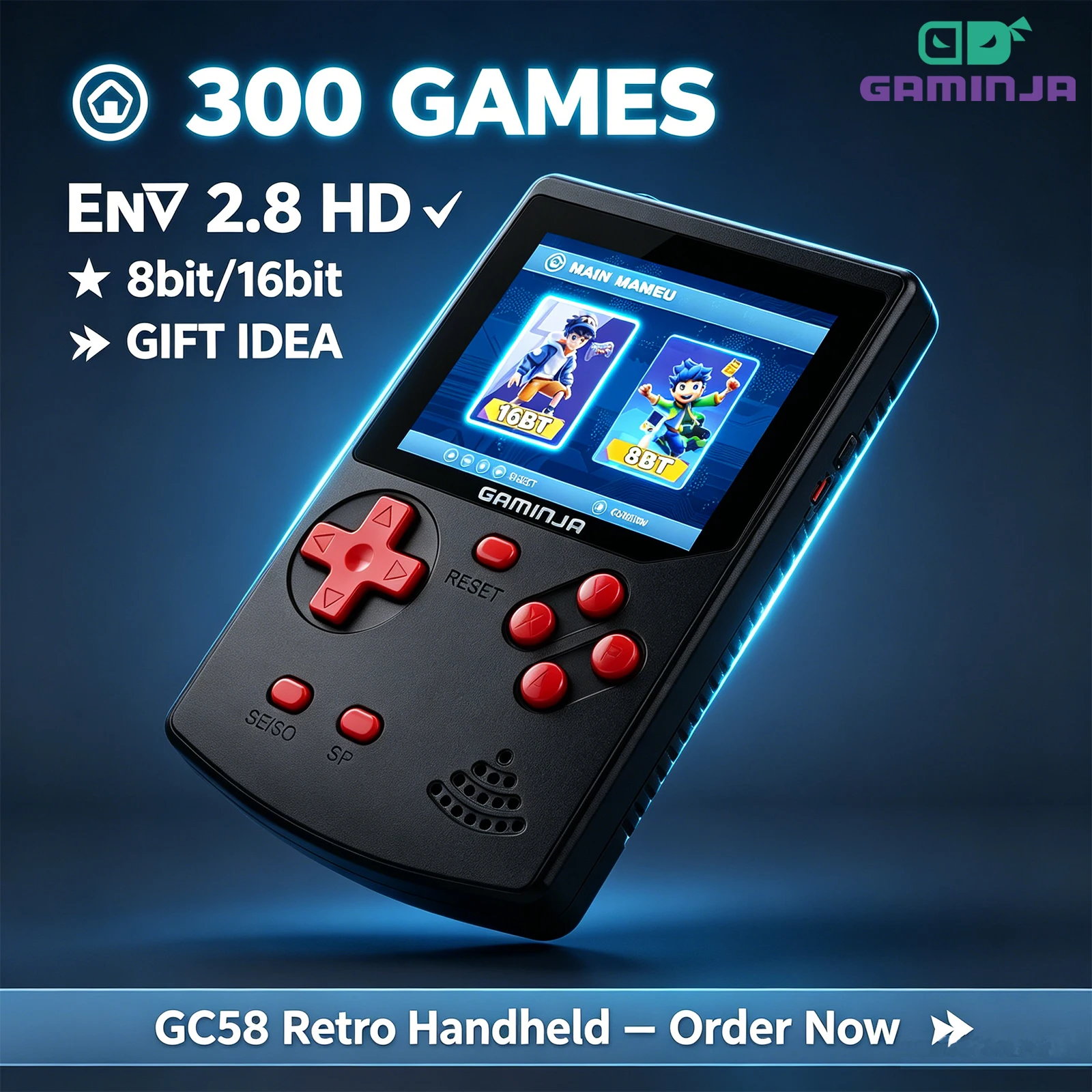 Gaming Console Mario - GAMINJA คอนโซลเกมพกพา 300 คลาสสิก 8 บิต/16